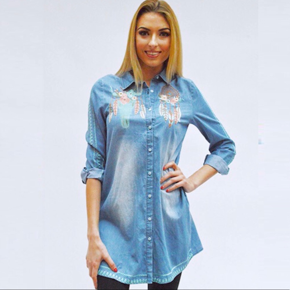 Denim Button Up Embroidered Cowhead Top